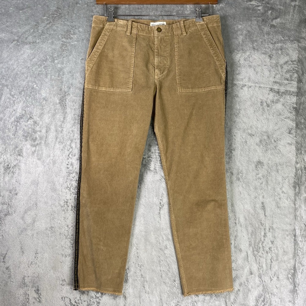 Nili Lotan Pants Womens Size 10 Tan Jenna Corduroy Ankle Stripe Raw Hem Slim Leg
